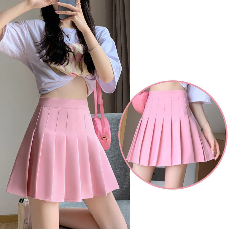 Preppy High Waist A-Line Pleated Skirt - Pink - 2XL - image 13