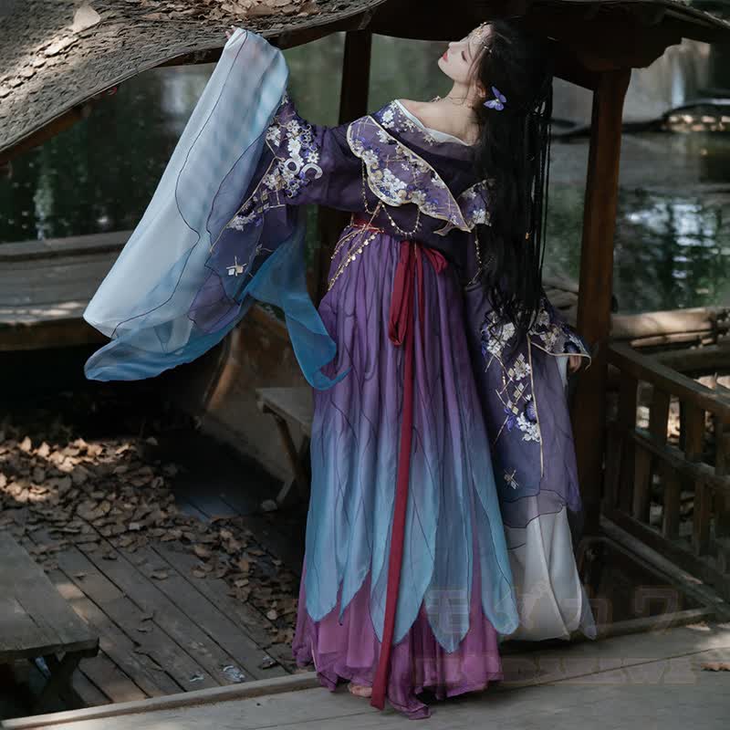 Vintage Embroidery Strapless Top Maxi Skirt Flowing Sleeves Sheer Outer Robe Matching Outfit - image 7