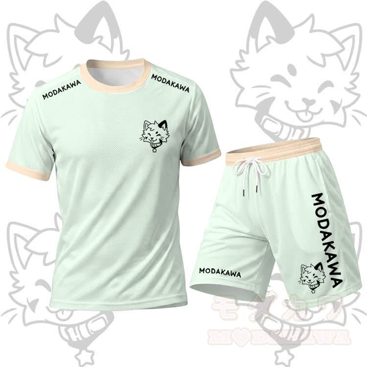 MODAKAWA X popipeko Tongue Out Kitty Graphic Men's Sports T-shirt Drawstring Shorts Matching Outfit - Green Set - 5XL - image 15