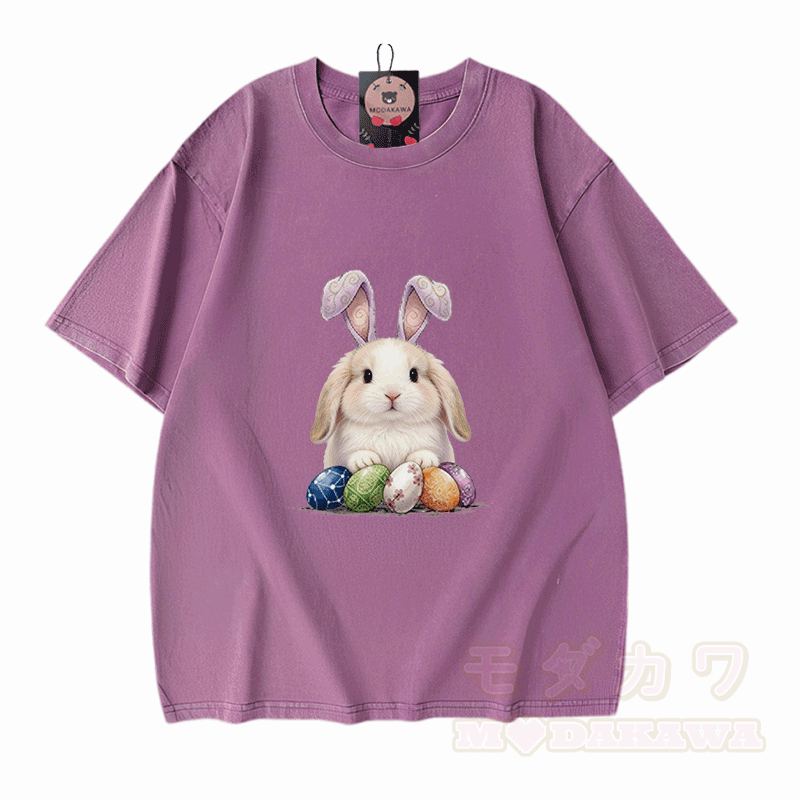 Easter Egg Bunny Graphic Modakawa Unisex Vintage Washed T-shirt - Purple - 5XL - image 8