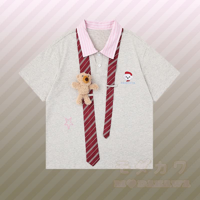 3D Bear Stripe Tie Color Block Polo T-shirt Ripped Denim Pants Modakawa Matching Outfit - Grey T-shirt - XL - image 5