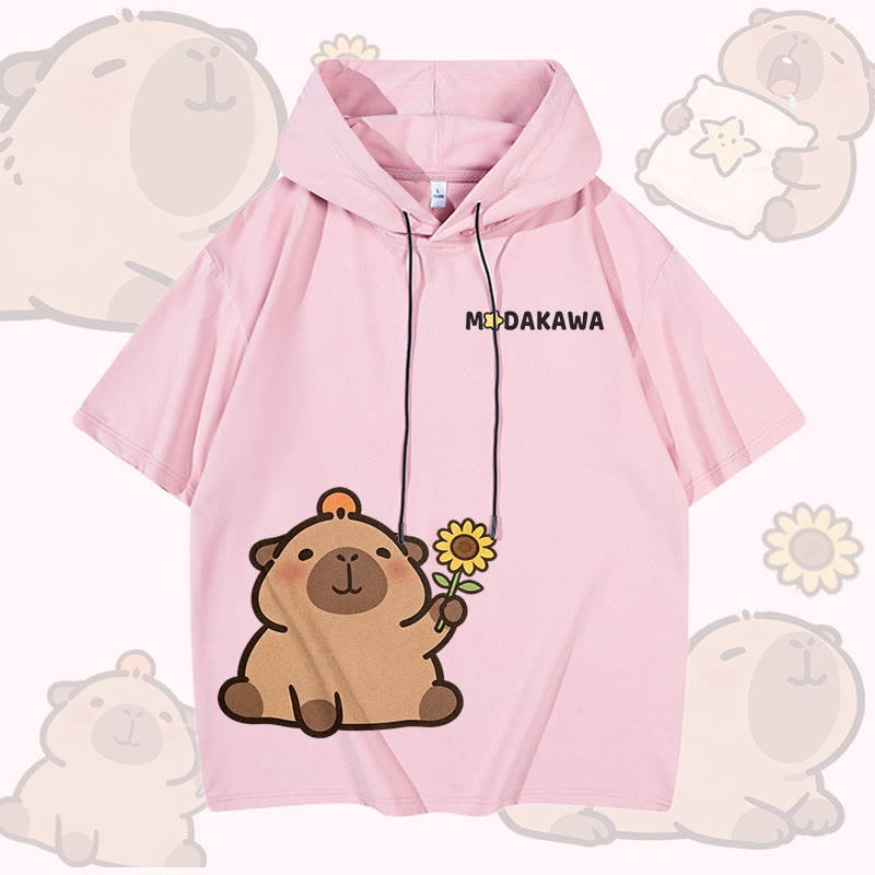Sunflower Capybara Graphic Modakawa Short Sleeve Hoodie - Pink - 3XL - image 5