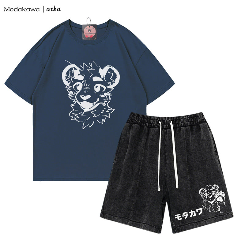 MODAKAWA X atka Tiger Print T-shirt Vintage Washed Shorts Two Pieces Set - Purplish Blue&Black - 3XL - image 9