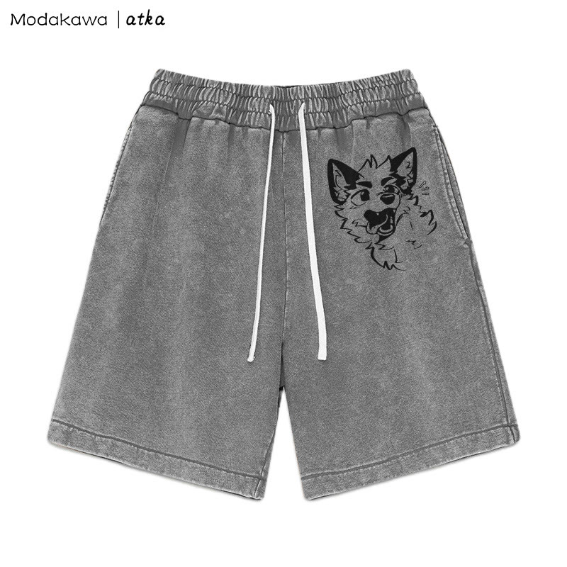 MODAKAWA X atka Playful Fox Face Graphic Vintage Washed Shorts - Grey - 3XL - image 4