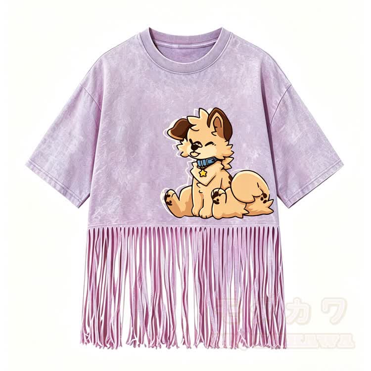 MODAKAWA X popipeko Siting Puppy Graphic Washed Fringe T-Shirt - Purple - 5XL - image 7