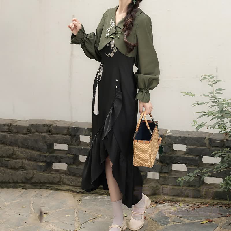 Vintage Flower Embroidered Buckle Top Ruffle Hem Slip Dress Two Pieces Set - image 3