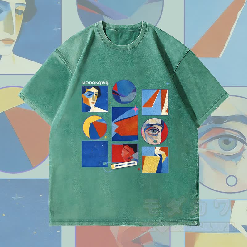 MODAKAWA Abstract Portrait Grid Graphic Unisex Vintage Washed T-Shirt - Green - 4XL - image 4