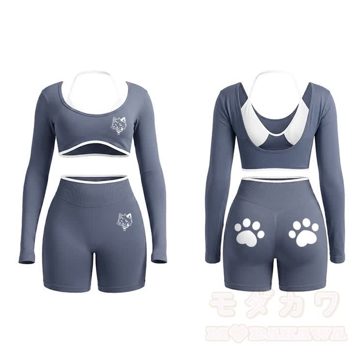 Kitty Graphic Tight Long Sleeve Yoga Top & Shorts Set - Light Grey Blue - XL - image 12