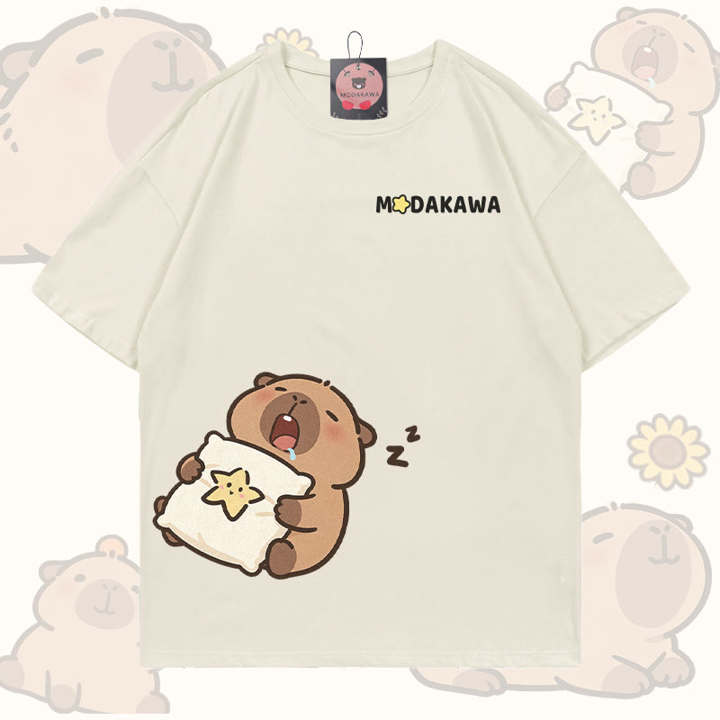 Sleepy Capybara Graphic Modakawa 100% Cotton T-shirt - Light Beige - 5XL - image 3