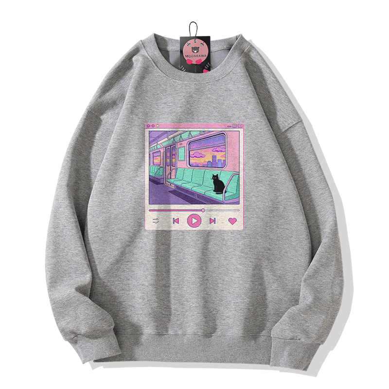 Cat Game Graphic Modakawa Sweatshirt - Grey - 5XL - image 4