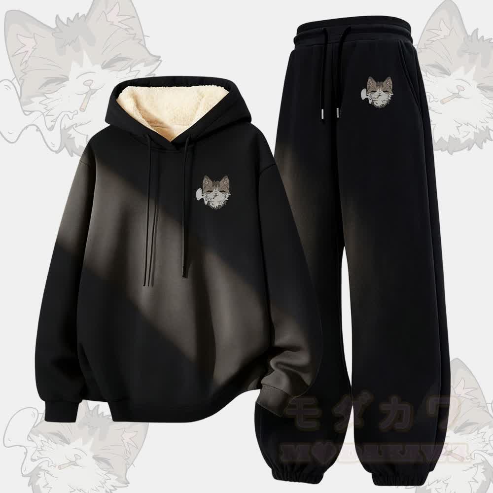 MODAKAWA Smoking Kitty Graphic Thick Fleece Lined Hoodie Pants Two Pieces Set - Black - 5XL - image 3