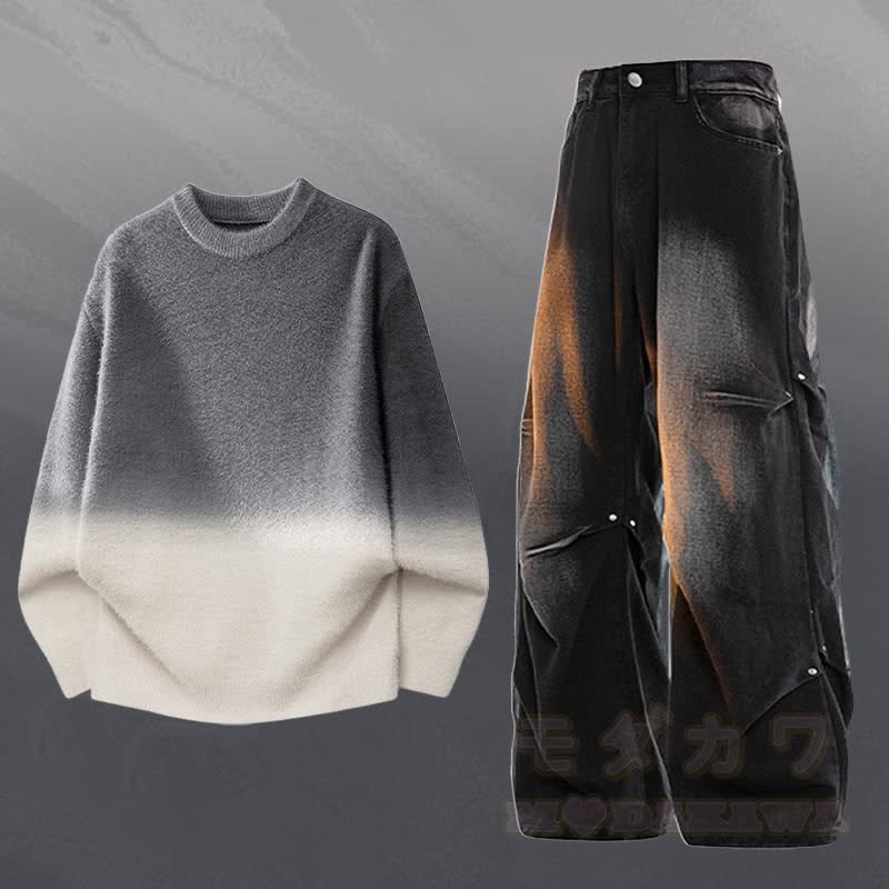 Gradient Knit Sweater Denim Pants Two Pieces - Set D - 3XL - image 4