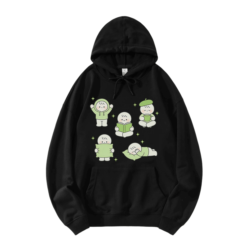 Cute Little Character Graphic Modakawa Loose Cotton-Blend Hoodie - Black - 5XL - image 3