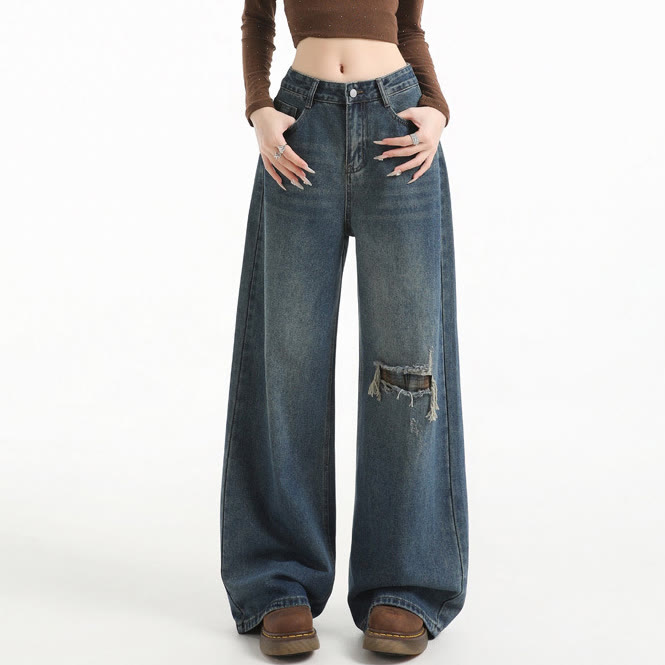 Vintage Wide Leg Ripped Jeans with Plaid Strap - image 6