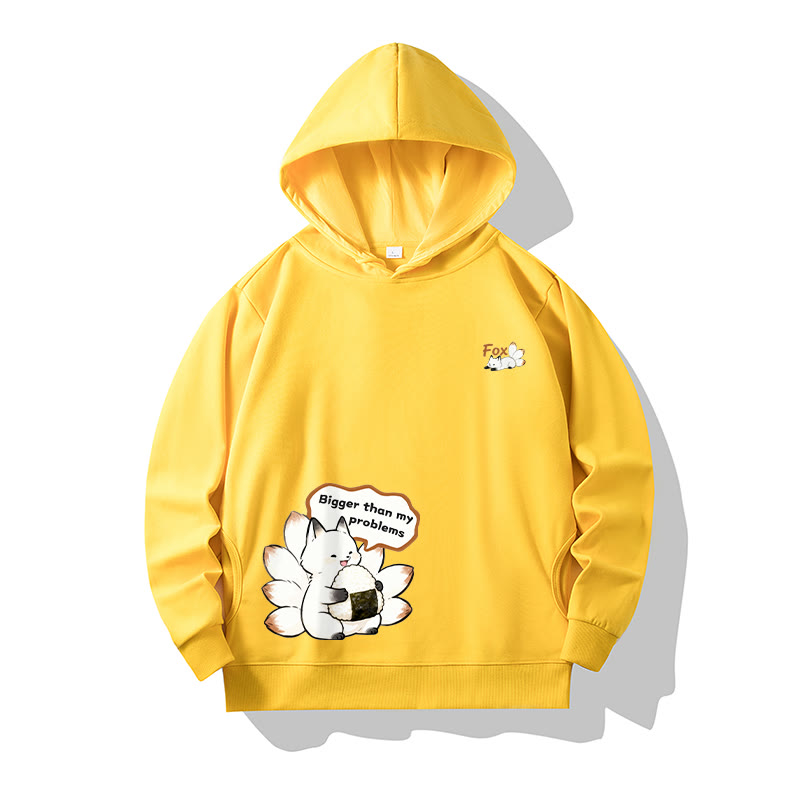 MODAKAWA Nine-Tailed Fox Eating Rice Ball Graphic Cotton Hoodie with Side Pockets - Yellow - 4XL - image 3