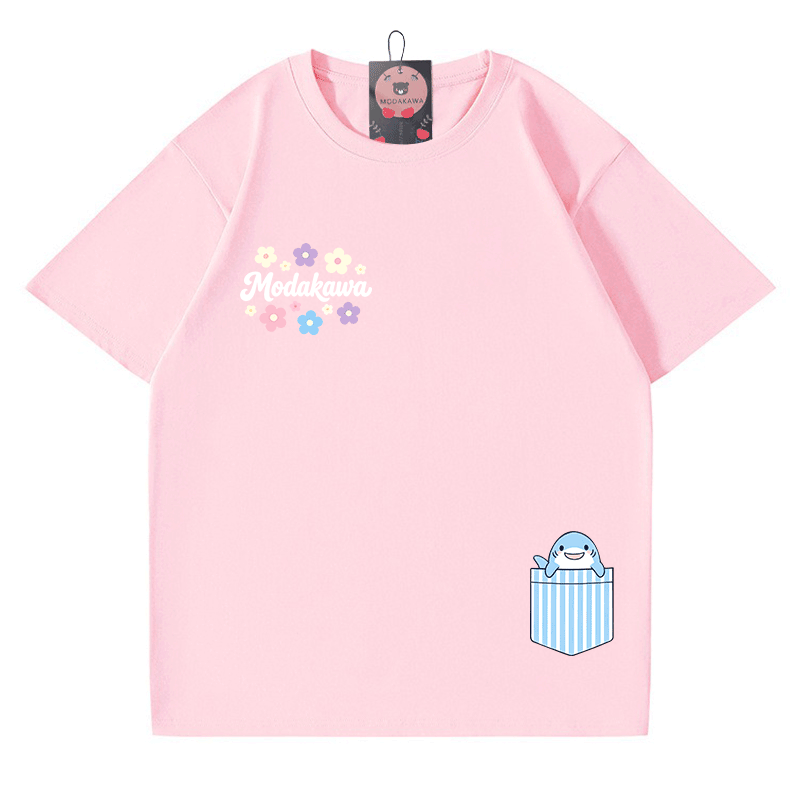 Pocket Shark Flowers Graphic Modakawa 100% Cotton T-shirt - Light Pink - 5XL - image 6
