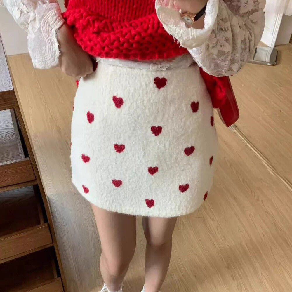 Off Shoulder Fur Sleeve Sweater and Heart Skirt Two Pieces Set - White Skirt - XL - image 14