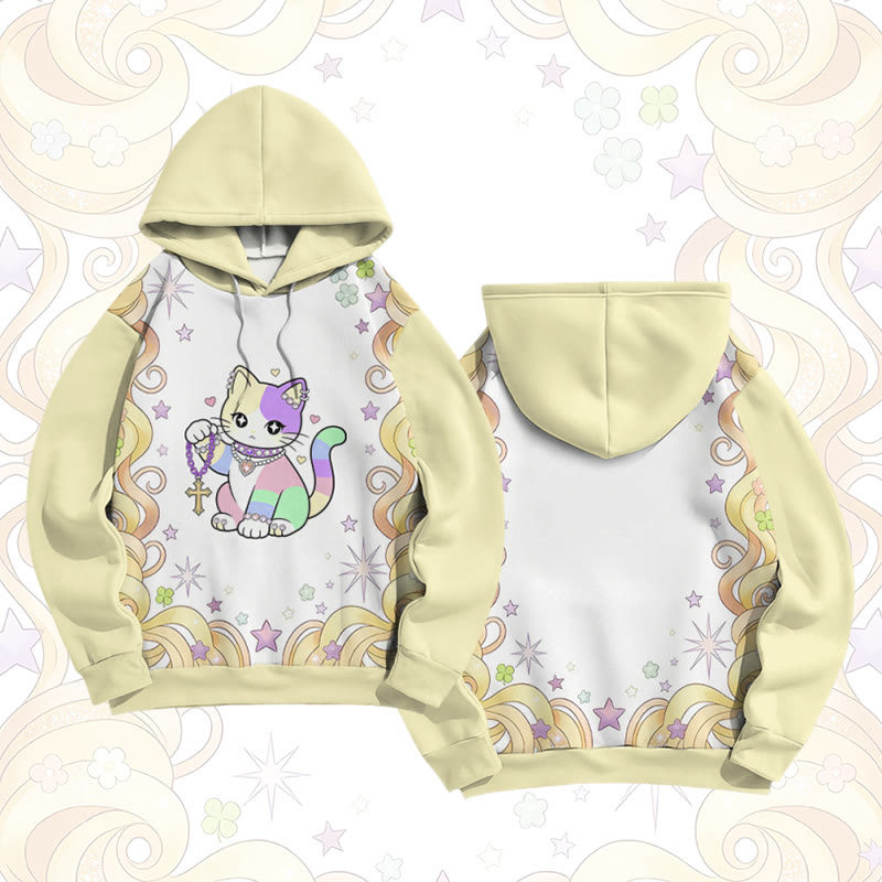 Maximalist Rainbow Cat Graphic Modakawa Color Block Pullover Hoodie - Yellow - 6XL - image 4