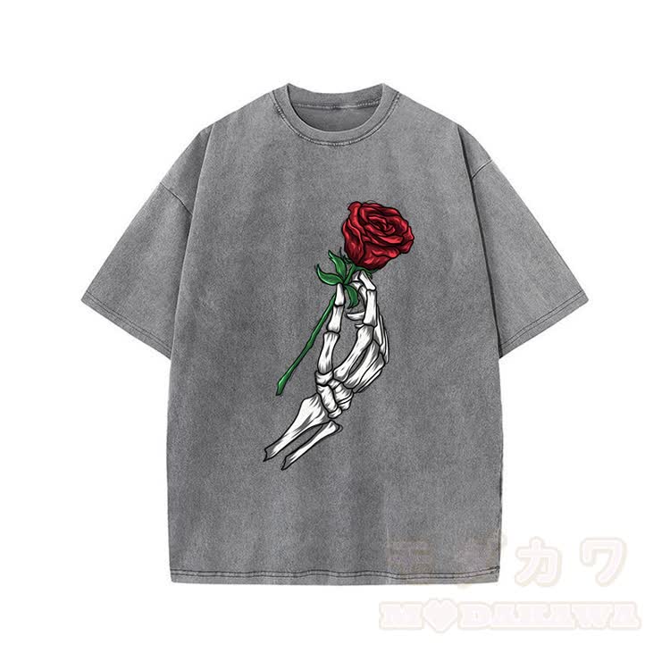 Skull Hand Rose Graphic Modakawa Vintage Washed 100% Cotton T-shirt - Grey - 5XL - image 7