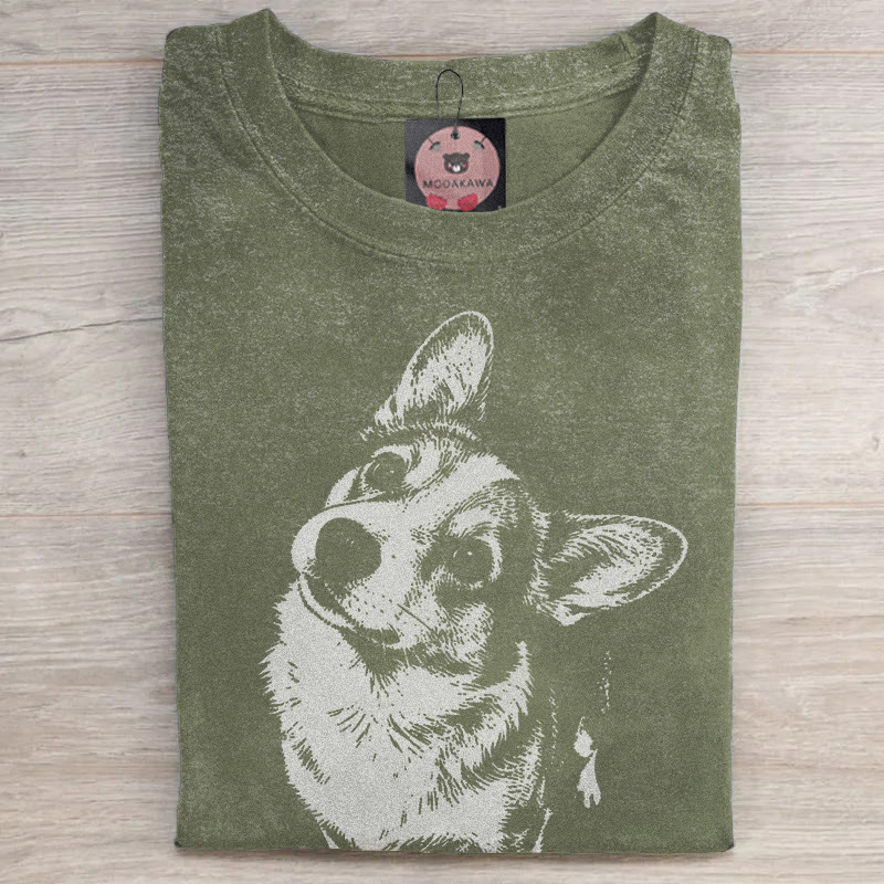 MODAKAWA Corgi Graphic Unisex Vintage Washed T-shirt - Green - 5XL - image 3