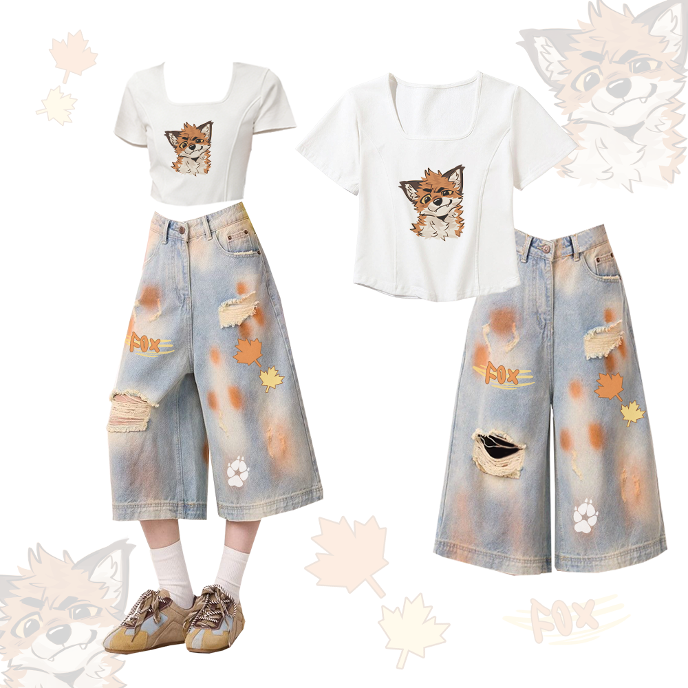 MODAKAWA X atka Fox Graphic Square Neck T-shirt Ripped Cropped Denim Jeans Two Pieces Set - White & Blue - XL - image 2