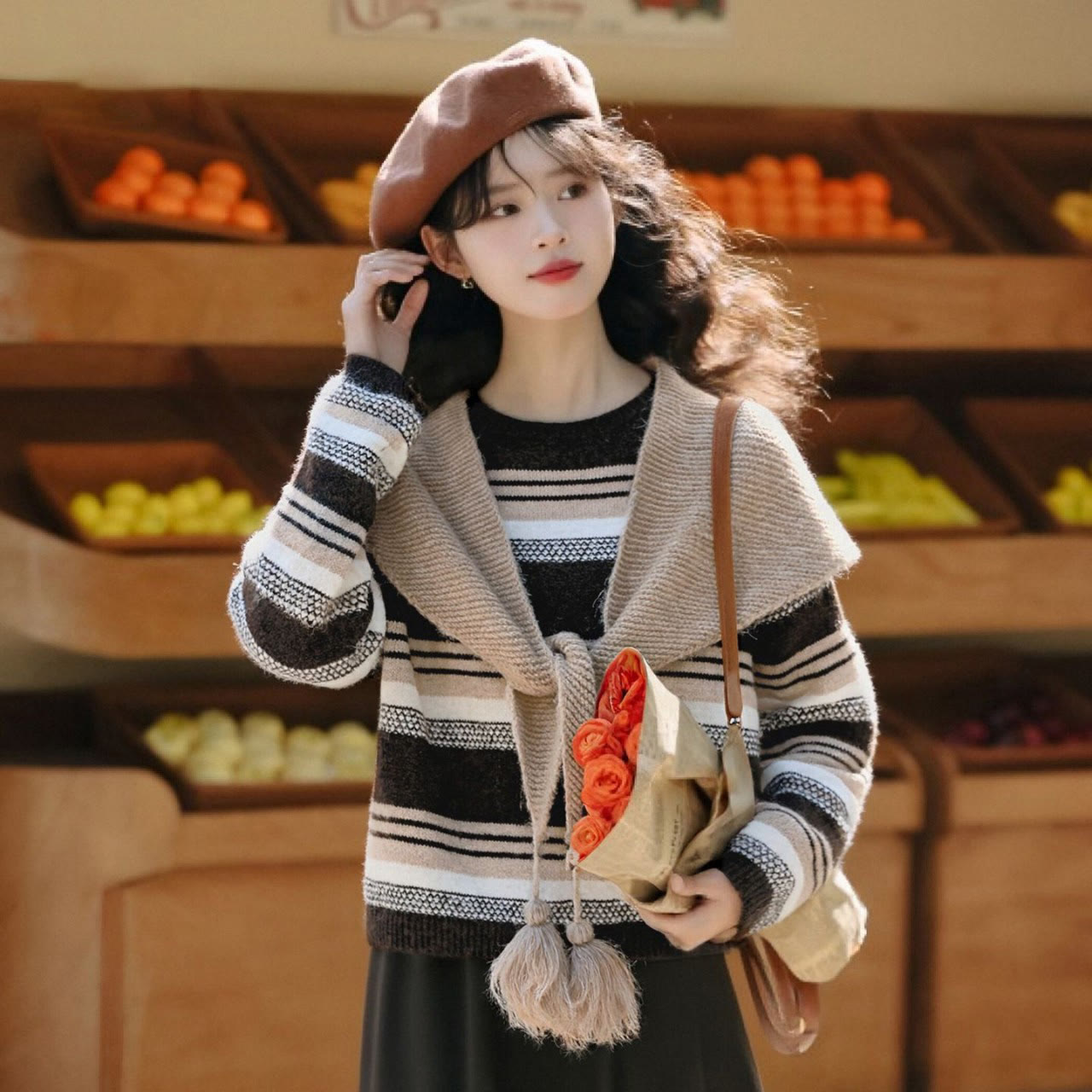 Vintage Triangle Scarf Knit Top - Coffee - L - image 5