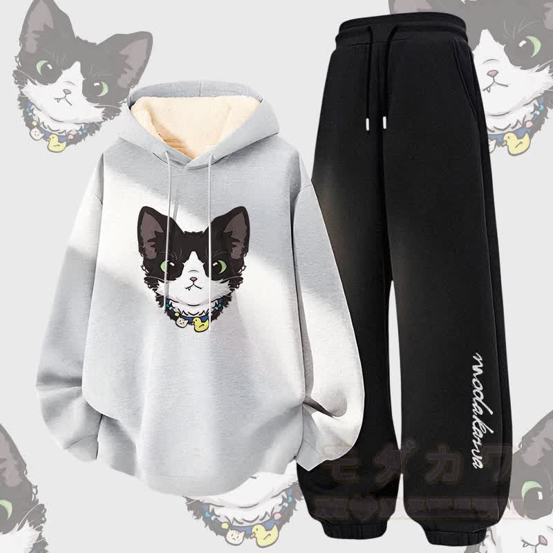 MODAKAWA Cute Kitty Graphic Thick Fleece Lined Hoodie Pants Two Pieces Set - Grey&Black - 5XL - image 3