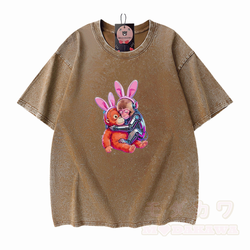 Hugging Cyber Monkey Graphic Modakawa Vintage Washed 100% Cotton T-shirt - Brown - 5XL - image 7