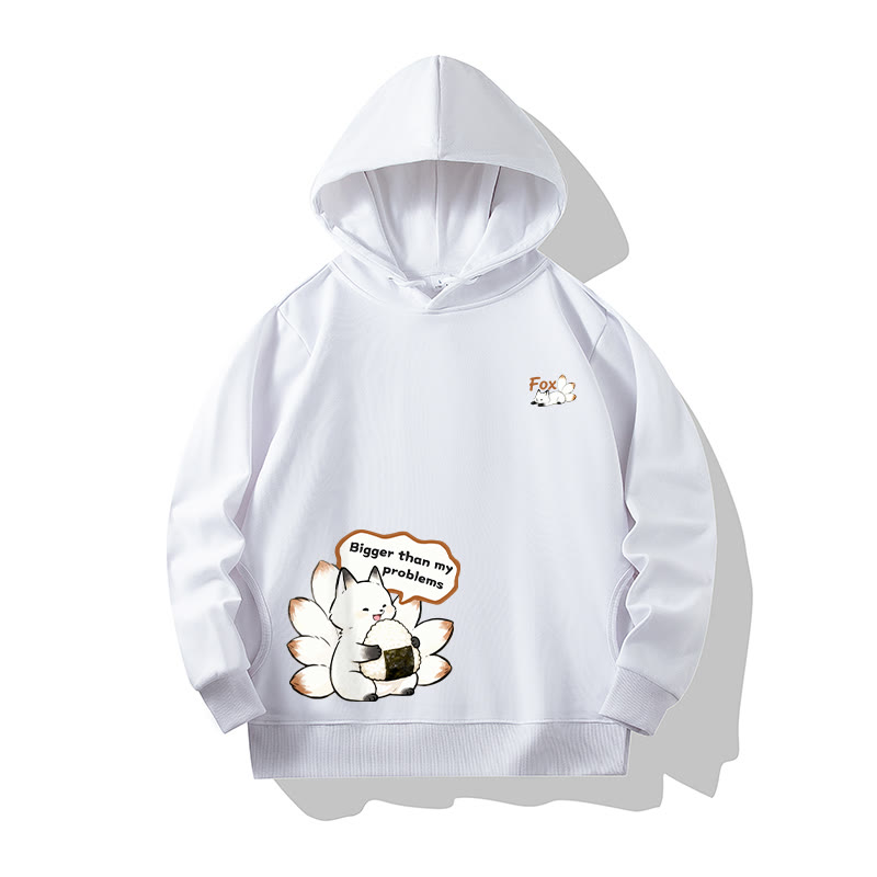 MODAKAWA Nine-Tailed Fox Eating Rice Ball Graphic Cotton Hoodie with Side Pockets - White - 4XL - image 2
