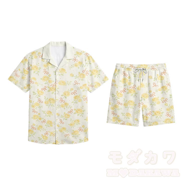 Printed Modakawa Shirt & Shorts Vacation Set - Light Yellow B - 5XL - image 18