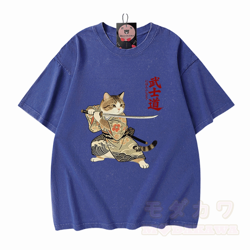 Samurai Cat Graphic Modakawa Vintage Washed 100% Cotton T-shirt - Blue - 5XL - image 4