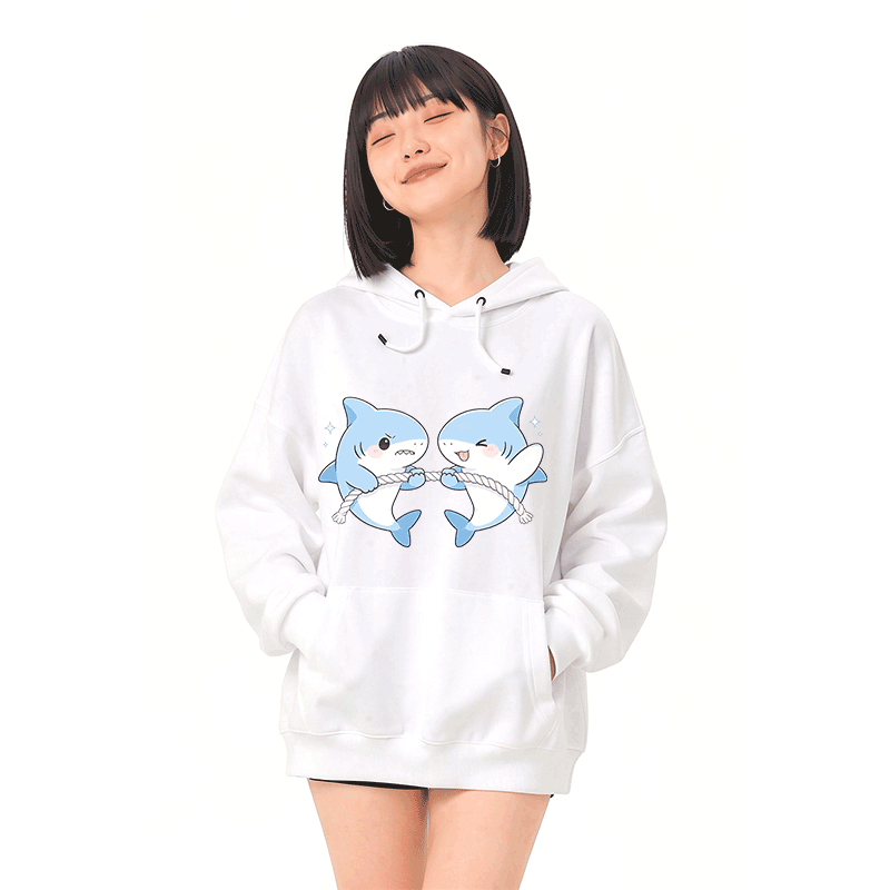 Cute Shark Game Graphic Modakawa Loose Cotton-Blend Hoodie - image 2
