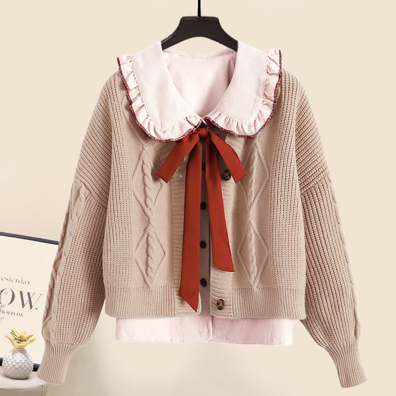 V-neck Cardigan Sweater Bow Tie Shirt Pleated Skirt Three Pieces Set - Shirt+Sweater - XL - image 2