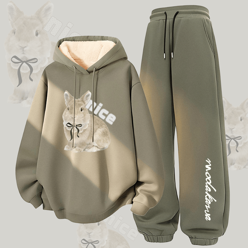 MODAKAWA NICE Bow Bunny Graphic Thick Fleece Lined Hoodie Pants Two Pieces Set - Green - 5XL - image 3
