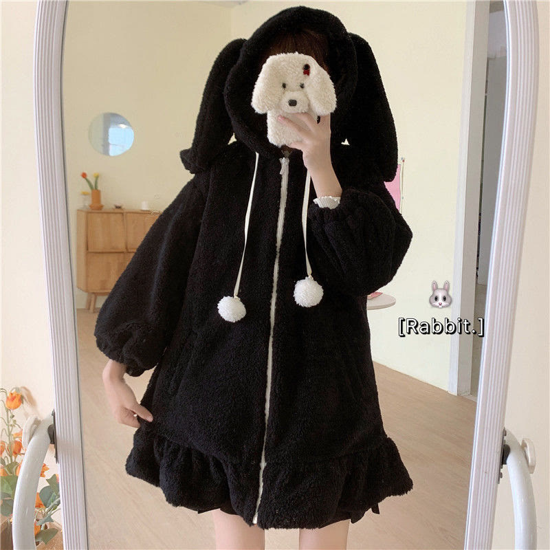 Cute Bunny Ear Hooded Sherpa Jacket - Black - 3XL - image 9