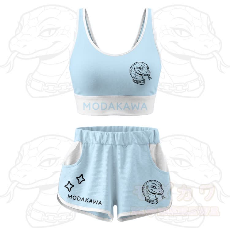 Snake Graphic Crop Tank Sport Top Shorts Modakawa Matching Outfit - Blue Set - 5XL - image 14