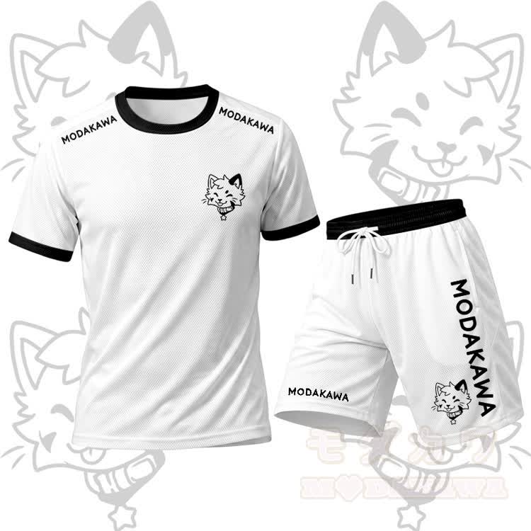 MODAKAWA X popipeko Tongue Out Kitty Graphic Men's Sports T-shirt Drawstring Shorts Matching Outfit - White Set - 5XL - image 14
