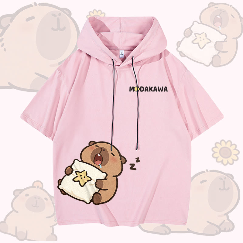 Sleepy Capybara Graphic Modakawa Short Sleeve Hoodie - Pink - 3XL - image 5