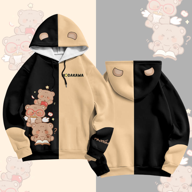 Bear Graphic Modakawa Pullover Hoodie - Black & Yellow - 6XL - image 4