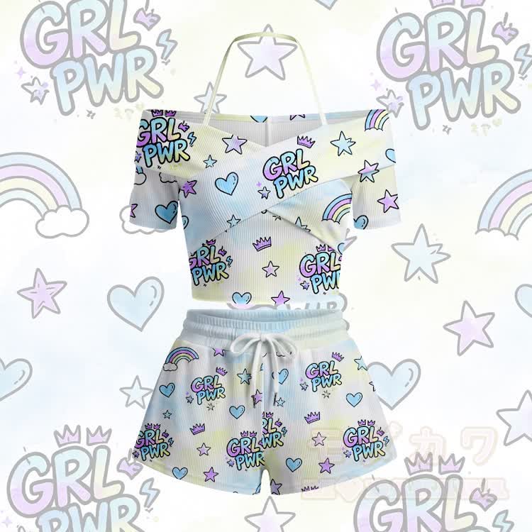 Girl Power Print Modakawa Off Shoulder Top & Shorts Set - Blue Set - 5XL - image 4