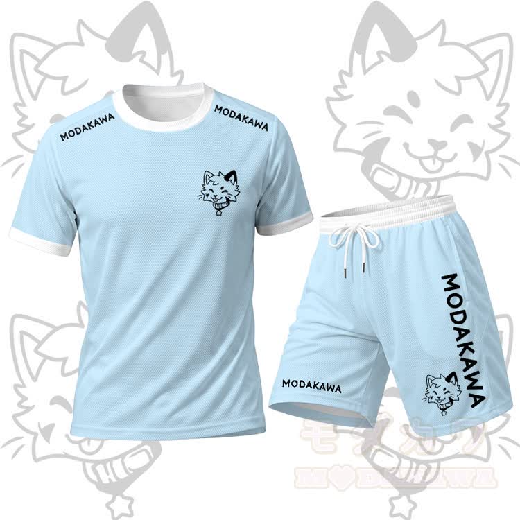 MODAKAWA X popipeko Tongue Out Kitty Graphic Men's Sports T-shirt Drawstring Shorts Matching Outfit - Blue Set - 5XL - image 16