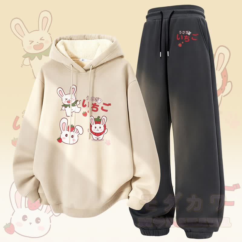 MODAKAWA Strawberry Bunny Graphic Thick Fleece Lined Hoodie Pants Two Pieces Set - Apricot&Dark Grey - 5XL - image 3