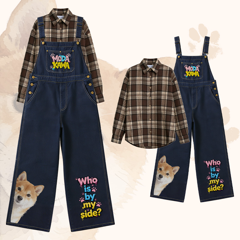 WHO IS BY MY SIDE Dog Graphic POLO T-shirt Wide Leg Denim Overalls Modakawa Matching Outfit - Set B - XL - image 3