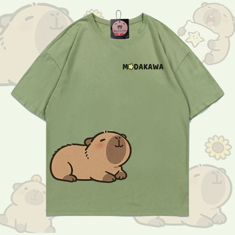 Cute Capybara Graphic 100% Cotton Modakawa T-shirt - Light Green - 5XL - image 3