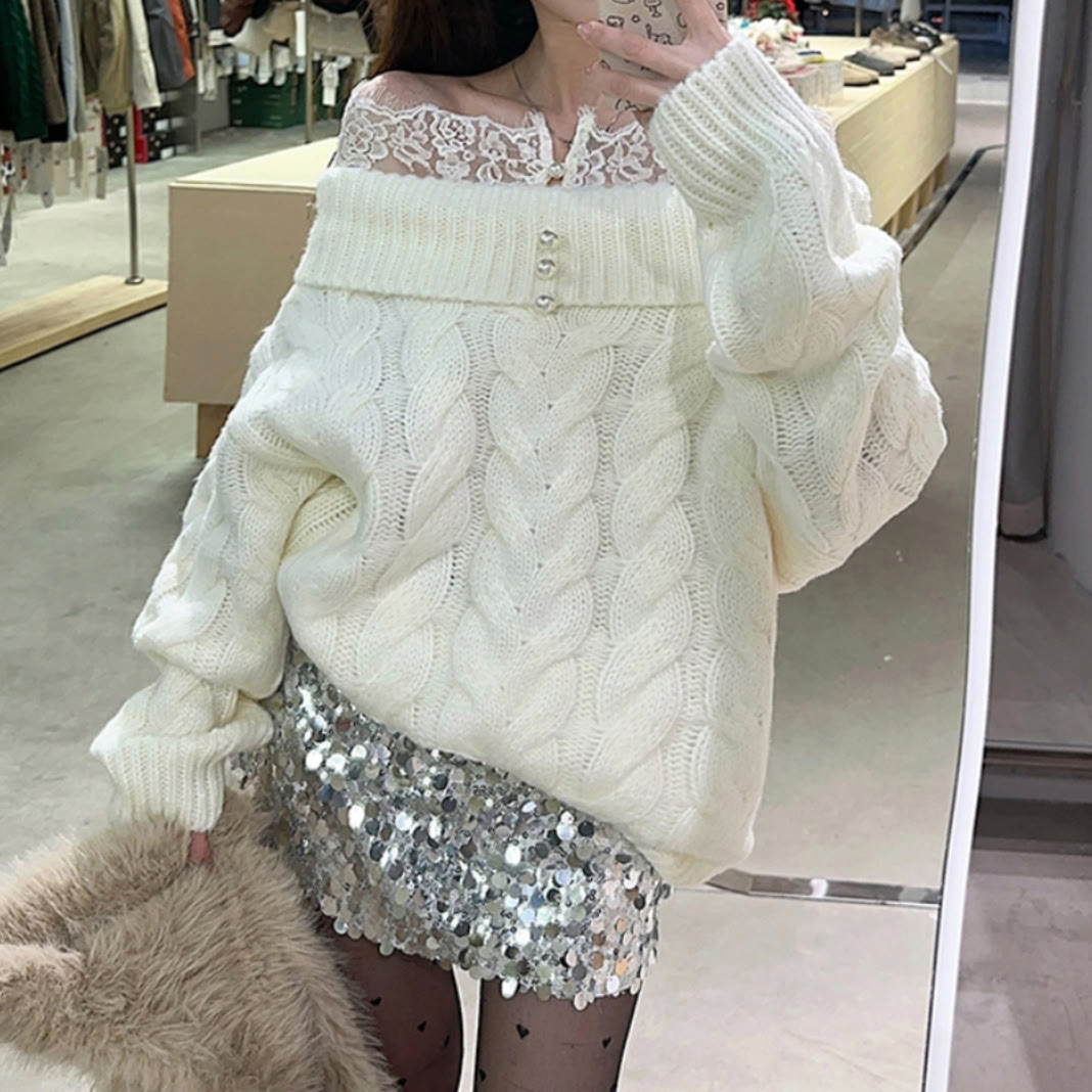 Chic Off Shoulder Lace Trim Knit Sweater - image 5