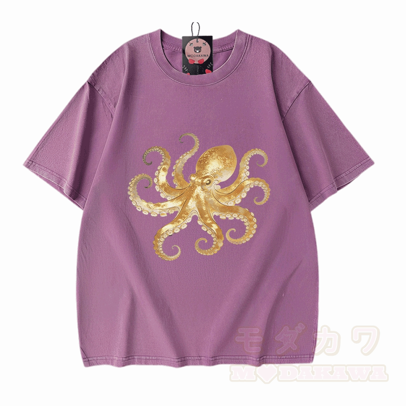 Octopus Graphic Modakawa Vintage Washed 100% Cotton T-shirt - Purple - 5XL - image 6