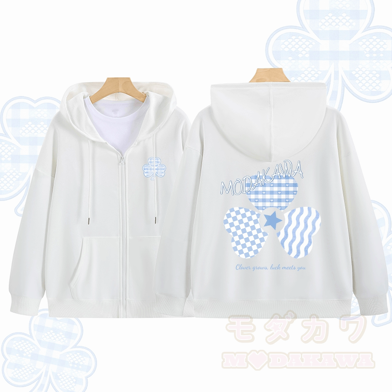 MODAKAWA Blue Gingham Triple Clover Graphic Zip Up Hoodie Sweatshirt - White - 5XL - image 3