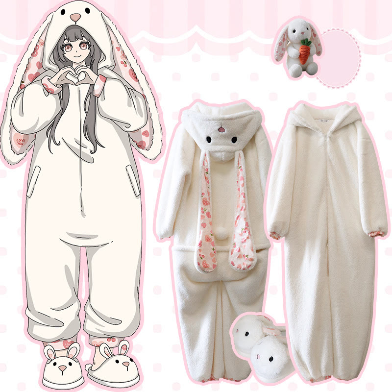 Cartoon Bunny Plush Onesie Pajamas - White Onesie+Slippers - 6XL - image 5