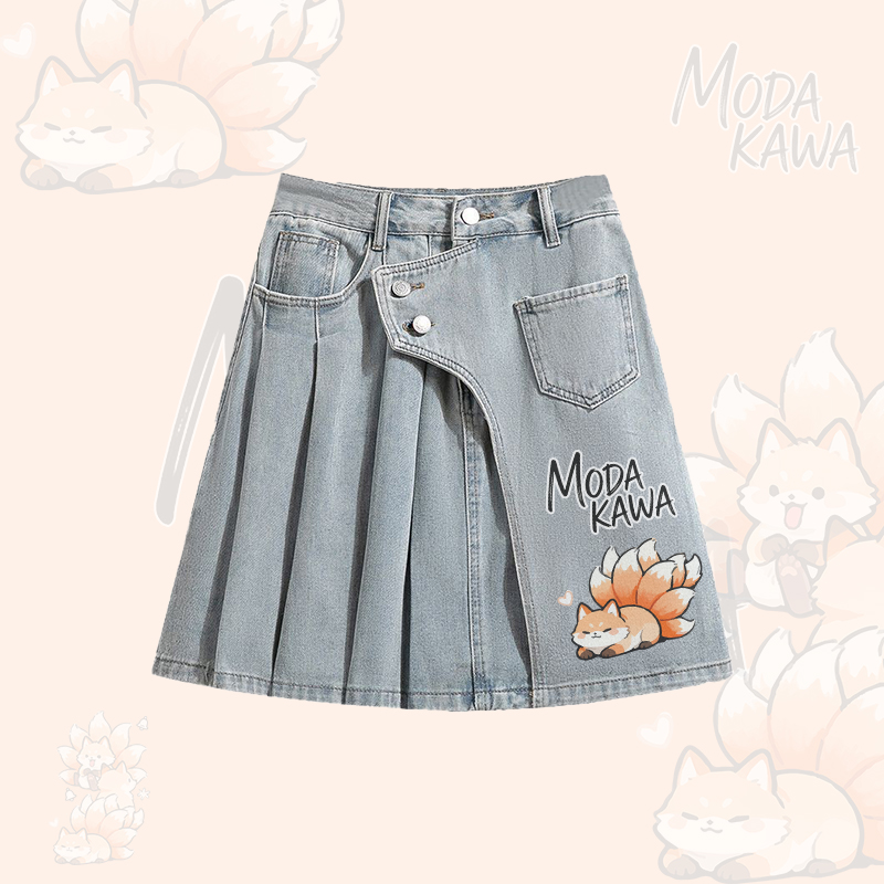 Nine Tailed Fox Graphic Oversized Button Up Shirt Irregular Denim Pleated Skirt Modakawa Matching Outfit - Blue Skirt - XL - image 3