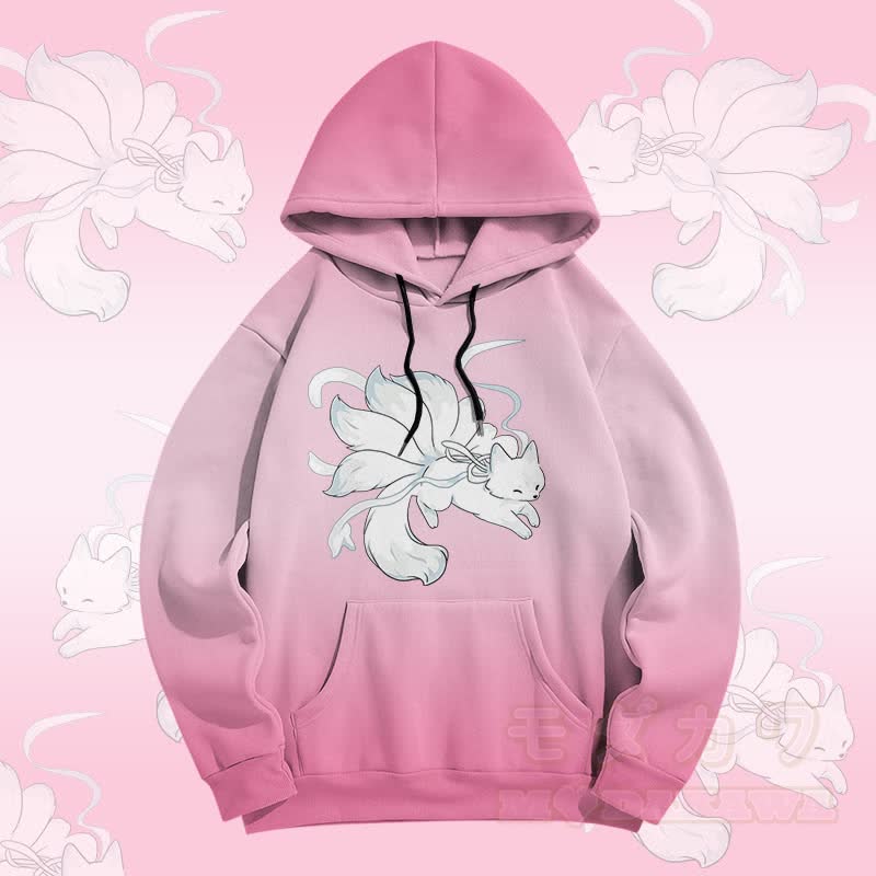MODAKAWA Gradient Running Nine-Tailed Fox Graphic All Over Print Pullover Hoodie - Pink - 5XL - image 3